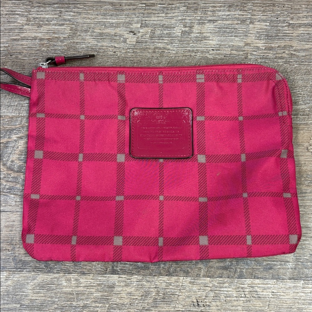 Coach Madison Check Plaid Nylon Wristlet Pouch F33288 -Raspberry Pink